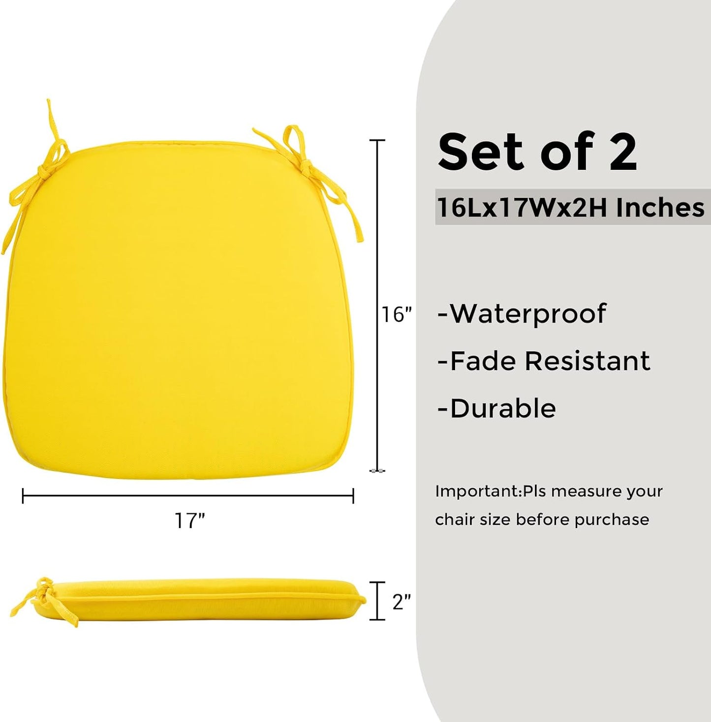Outdoor Chair Cushions Set of 2,Patio Seat Cushion 17"x16"x2",U-Shaped Dining Chair Cushion 17 by 16 Inch,Water Resistant,Fade-Resistant Chair Pads for Kitchen Garden Furniture(Yellow)