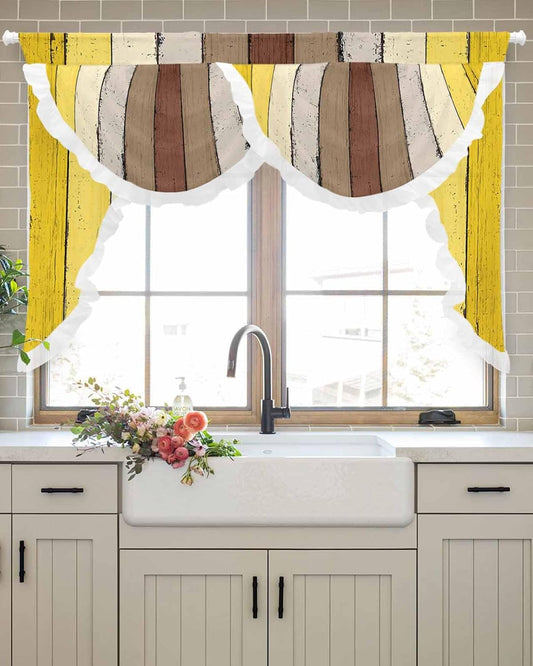 Yellow Brown Wooden Swag Waterfall Valances for Living Room Bedroom Kitchen Windows,Vintage Rustic Farmhouse Wood Plank Semi-Sheer Rod Pocket Curtains Drape with Lace Decorations,59"Wx41.3"L