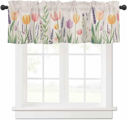 Spring Floral Valances for Windows, Pink Yellow Tulip Kitchen Curtains Window Treatment Decor, Summer Botanical Flowers Rod Pocket Short Window Valances for Living Room/Bedroom, 54" x 18"
