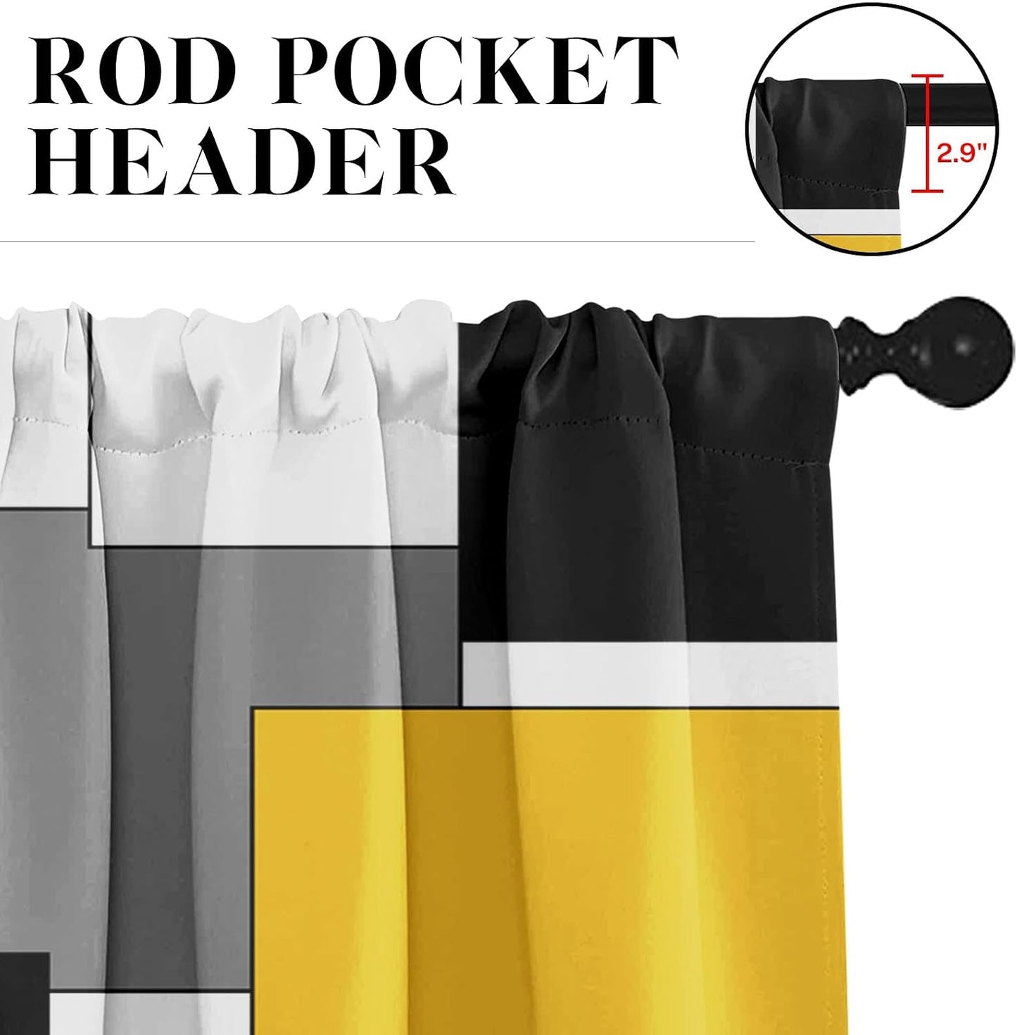 Yellow Kitchen Window Curtains Valance and Tier Set, Black Grey White Modern Rod Pocket Short Tier Curtain, Abstract Art Small Cafe Drapes for Kitchen Decor 52" x 24"