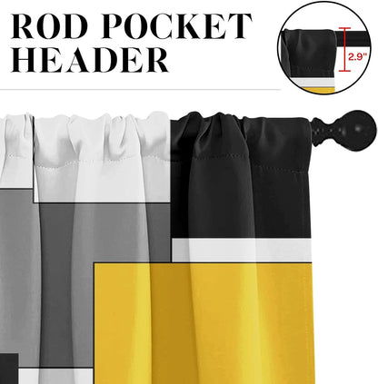 Yellow Kitchen Window Curtains Valance and Tier Set, Black Grey White Modern Rod Pocket Short Tier Curtain, Abstract Art Small Cafe Drapes for Kitchen Decor 52" x 24"