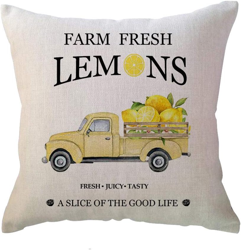 ULOVE LOVE YOURSELF Farm Fresh Lemons Throw Pillow Case Summer Farmhouse Decor Pillow Case Lemon Wreath/Lemon Truck/Lemon Yellow Decorative Cushion Cover 18 x 18 Inch,Set of 4