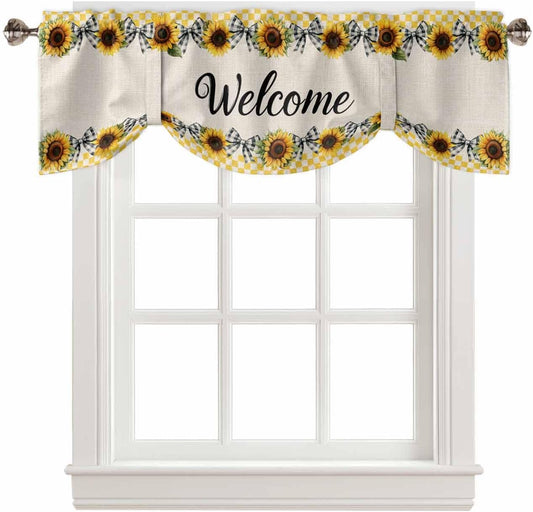 Sunflower Tie Up Valances for Windows, Welcome Bow Yellow Buffalo Plaid Rustic Linen Rod Pocket Tie-up Valance Curtains, Adjustable Short Window Treatment for Kitchen Living Room Bathroom 54”x18”