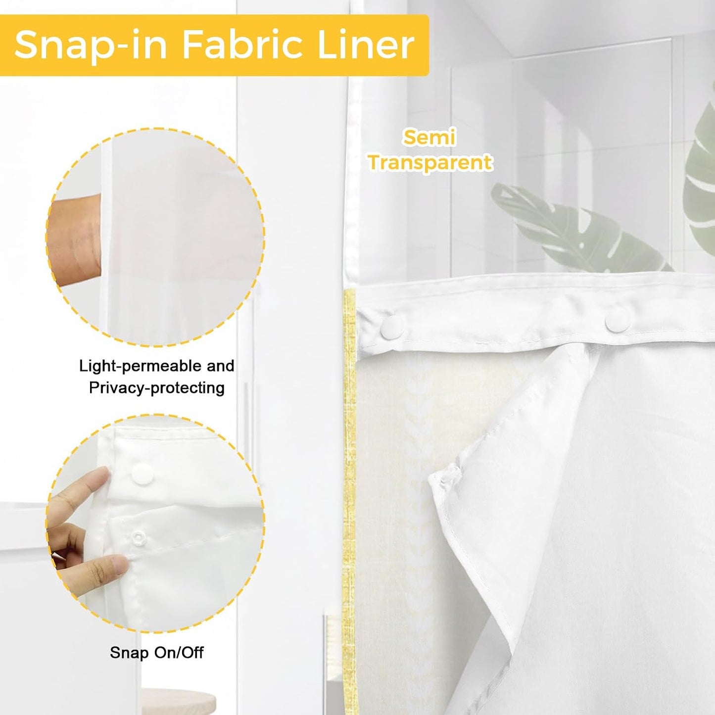 Light Yellow Linen Shower Curtains Set Modern Farmhouse Vertical Lines No Hook Shower Curtains with Snap in Liner 72" x 78" Waterproof Fabric See Through Top Sheer Window for Bathroom Shower Room