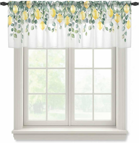 Country Sheer Curtain 18 Inch Long Yellow Lemon Fruit Farm Light Filtering Rod Pocket Voile Curtain Valance for Bedroom Kitchen Cafe Window 54" W x 18" L