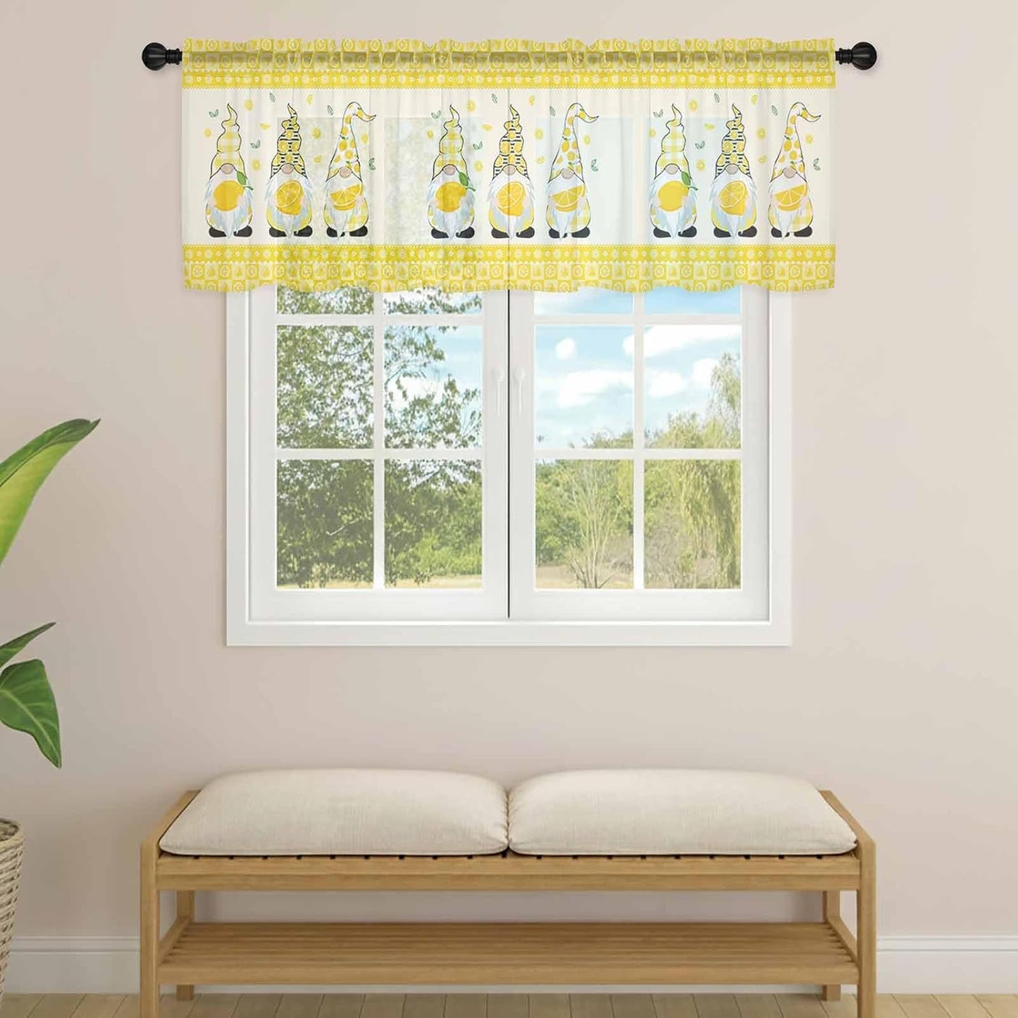 Sheer Window Valance Fruit Lemon Gnome Semi Voile Short Curtain Rod Pocket Farmhouse Green Leaves Yellow Valances Window Treatment for Bedroom Living Room Kitchen 54x18in