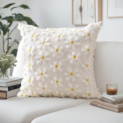 Farmhouse Throw Pillow Cover Yellow White Daisy - 18 x 18 Inch Plush Faux Fur Jacquard Cushion Cover - Set of 2 Artificial fur Embroidery Flower Cushion Case for Livingroom Bed Couch Decor