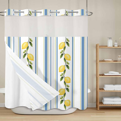 QueenKer Lemon Striped Shower Curtains Set Yellow Fruit Blue White No Hook Shower Curtains with Snap in Liner 72" x 72" Waterproof Fabric See Through Top Sheer Window for Bathroom Shower Room