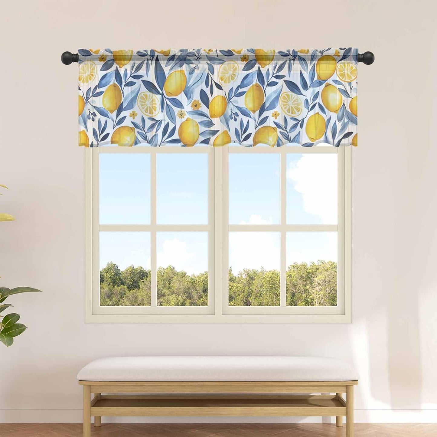 Yellow Lemon Valance Curtains for Kitchen/Living Room/Bathroom/Bedroom Window, Blue Flower Leaves Spring Summer Plant Rod Pocket Small Topper Half Short Window Curtains Voile Sheer Scarf, 54"x18"