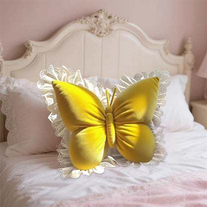 Butterfly Throw Pillow,21.6 inch Velvet Butterfly Decorative Pillow with Lace Trim,Animal Pillow for Couch Living Room Bed,Home Garden Decor (Yellow)