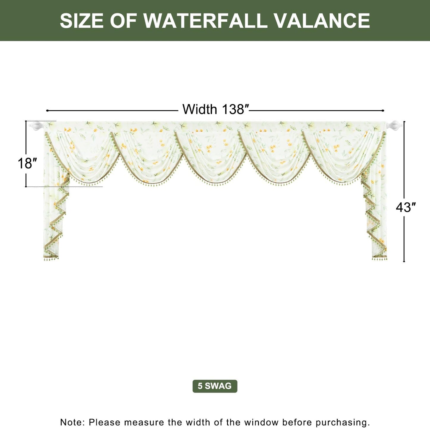 Leeva Extra Wide Sheer Valance for Windows, Yellow Flower Print Waterfall Valance with Bead Tassels, Voile Window Curtains for Living Room Decor, 138" x 43"