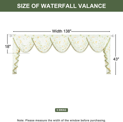 Leeva Extra Wide Sheer Valance for Windows, Yellow Flower Print Waterfall Valance with Bead Tassels, Voile Window Curtains for Living Room Decor, 138" x 43"