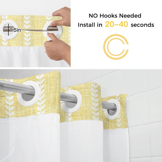 Light Yellow Linen Shower Curtains Set Modern Farmhouse Vertical Lines No Hook Shower Curtains with Snap in Liner 72" x 78" Waterproof Fabric See Through Top Sheer Window for Bathroom Shower Room
