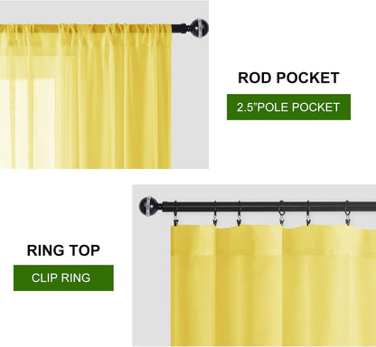 Hiasan Sheer Curtains for Bedroom with Tiebacks, Rod Pocket Light Filtering Lightweight Voile Window Curtains for Living Room, Kids' Room and Kitchen, Yellow, W52 x L45, Set of 2 Soft Drape Panels
