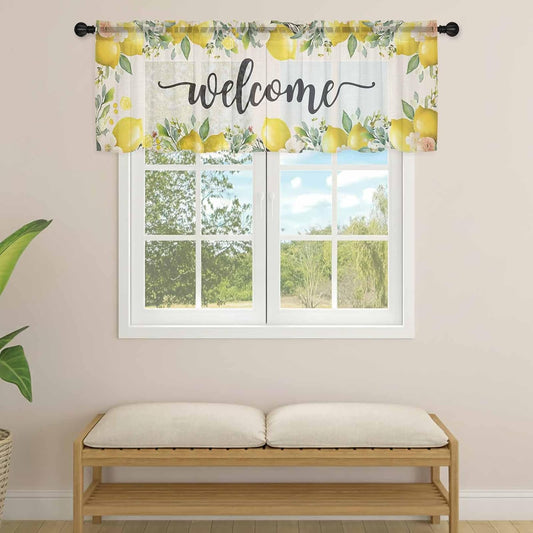 Country Sheer Curtain 18 Inch Long Welcome Yellow Lemon Farm Linen Texture Light Filtering Rod Pocket Voile Curtain Valance for Bedroom Kitchen Cafe Window 54" W x 18" L