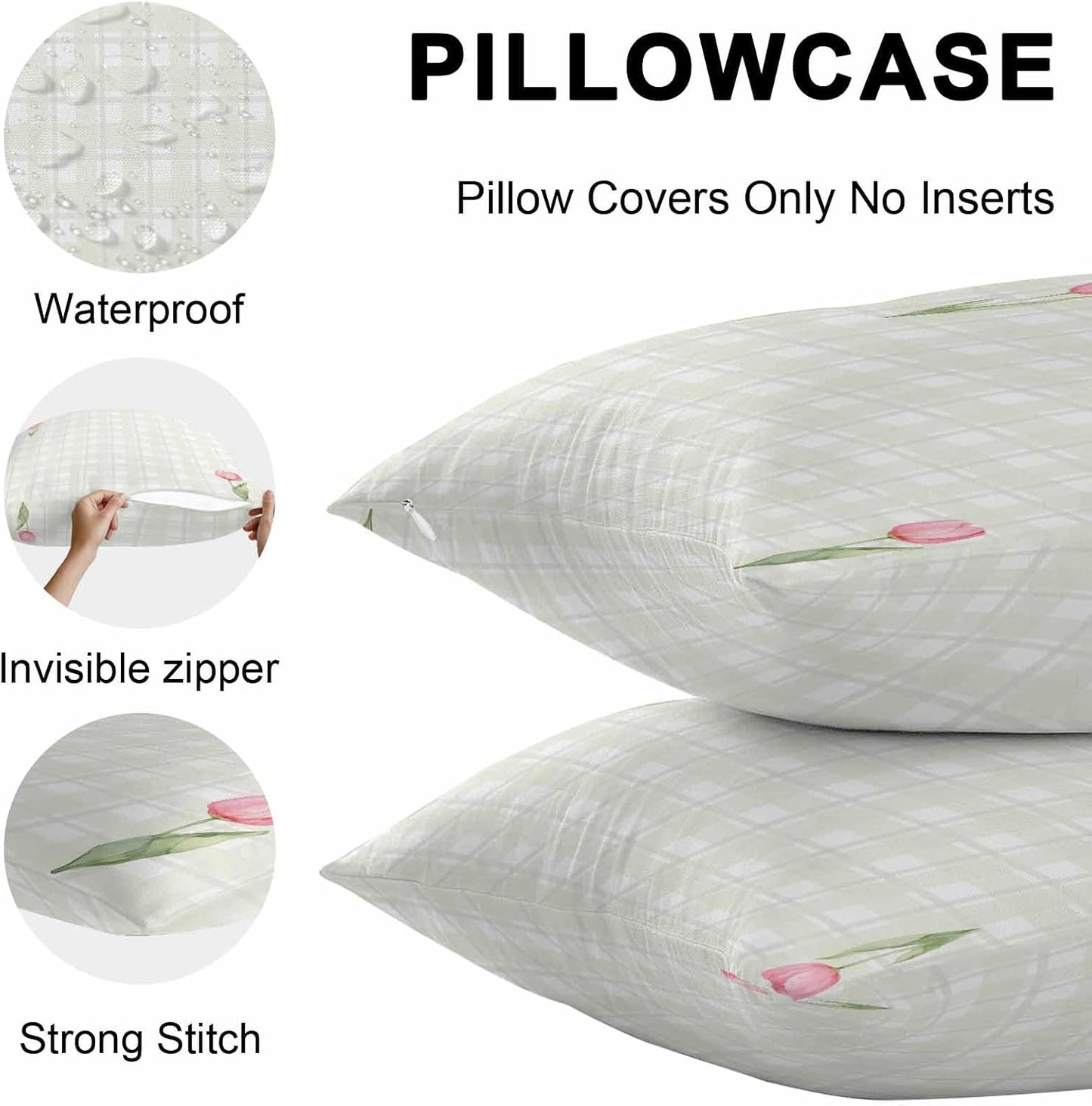Waterproof Throw Pillow Covers 18x18 Set of 2, Light Yellow Lattice Spring Tulip Flower Outdoor Pillowcases Invisible Zipper, Minimalist Check Decorative Cushion Covers for Patio Garden Sofa Couch