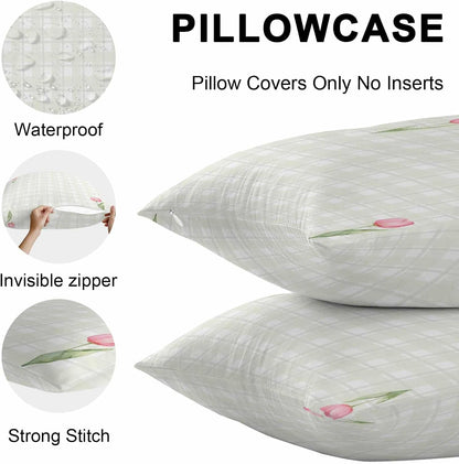 Waterproof Throw Pillow Covers 18x18 Set of 2, Light Yellow Lattice Spring Tulip Flower Outdoor Pillowcases Invisible Zipper, Minimalist Check Decorative Cushion Covers for Patio Garden Sofa Couch