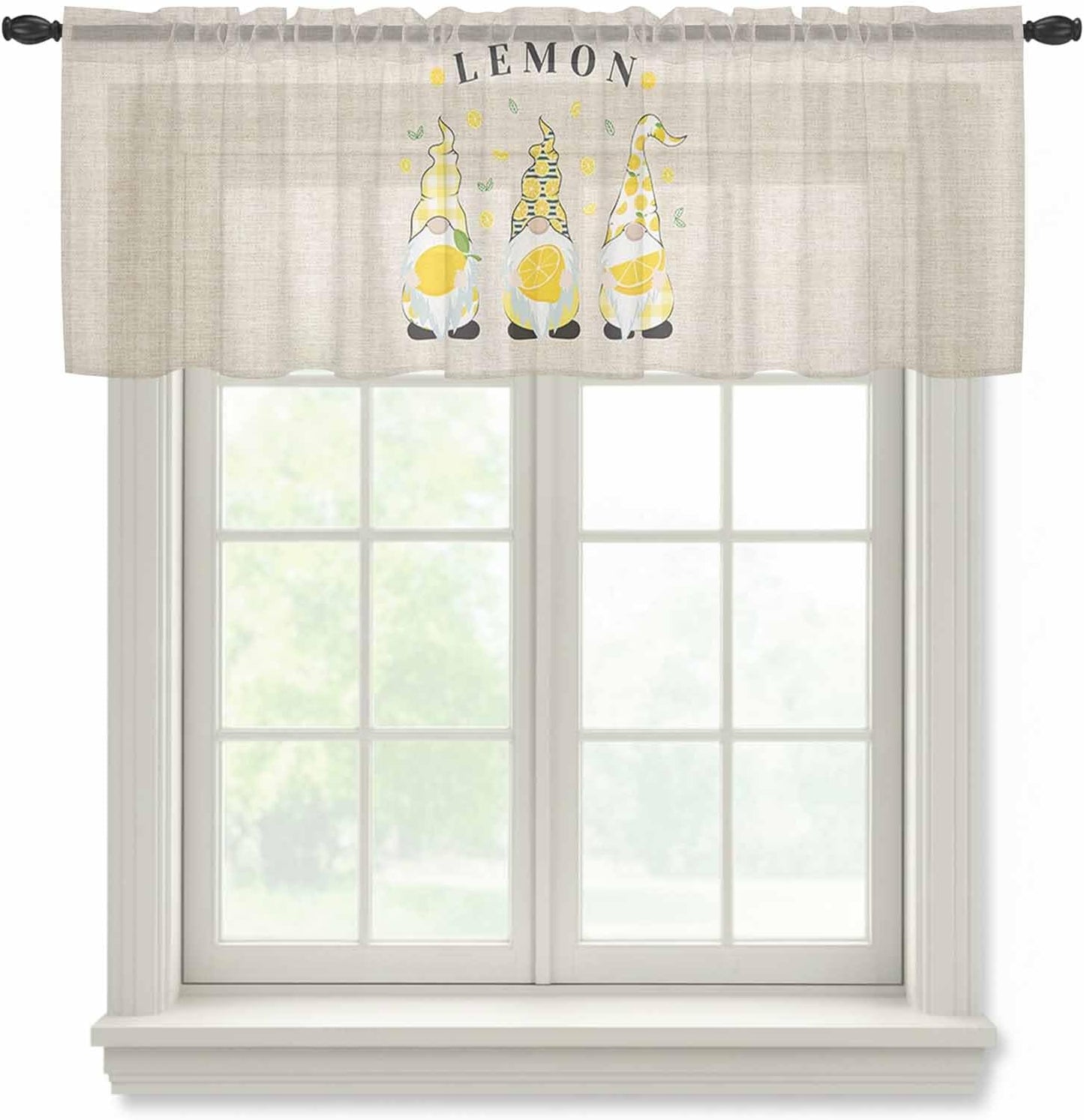 Sheer Window Valance Fruit Lemon Summer Gnome Semi Voile Short Curtain Rod Pocket Farmhouse Green Leaves Valances Window Treatment for Bedroom Living Room Kitchen 54x18in