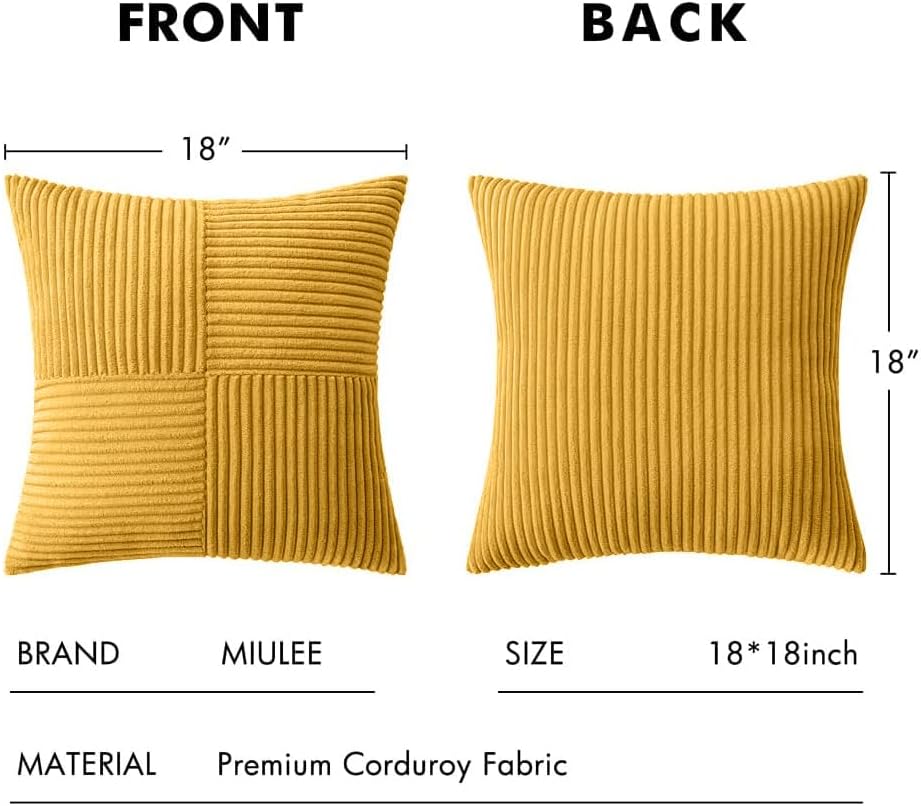 MIULEE Mustard Yellow Decorative Throw Pillow Covers 18x18 Inch for Couch Bed Sofa Pack of 2 Boho Farmhouse Throw Pillows Soft Cross Corduroy Patchwork Textured Cushion Cases