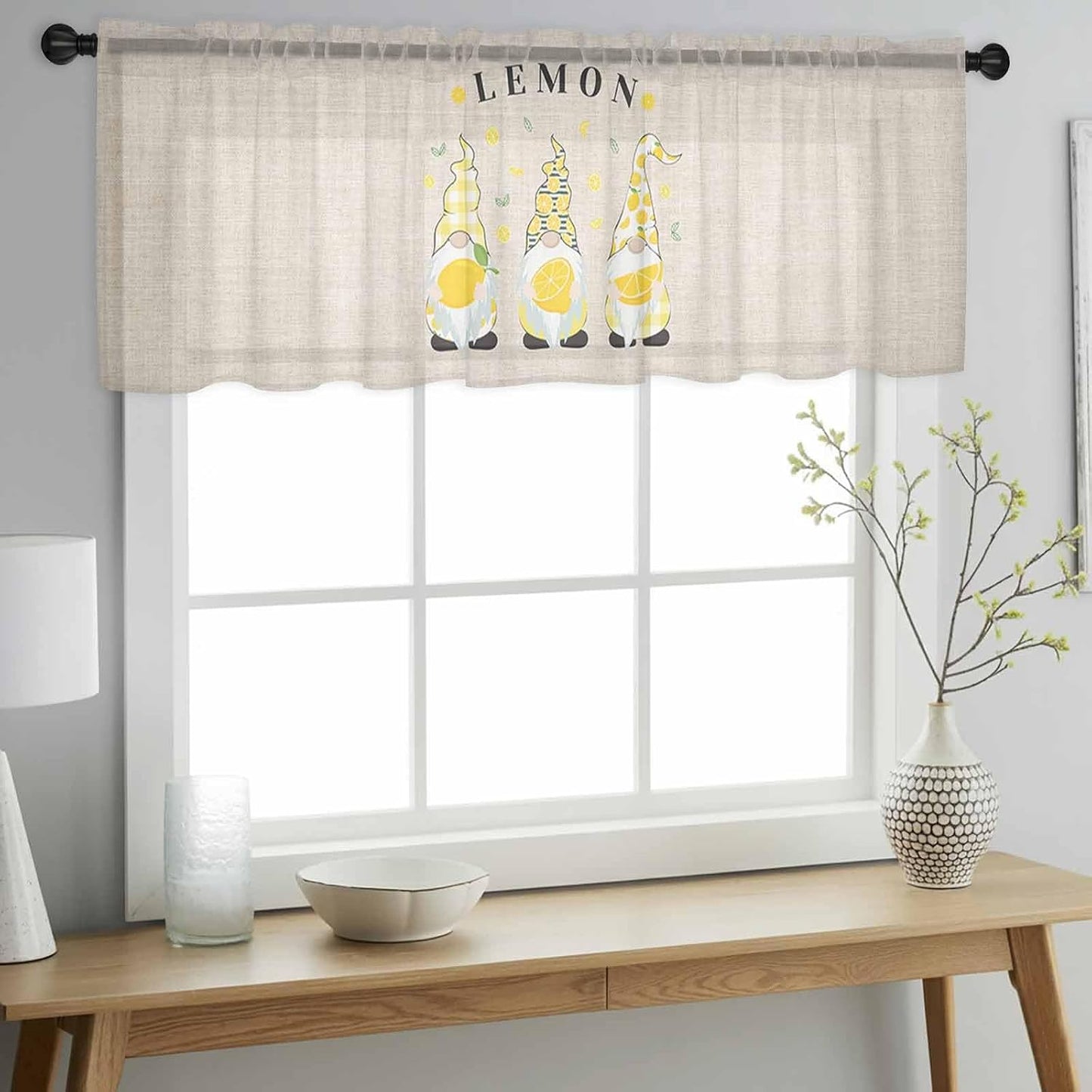 Sheer Window Valance Fruit Lemon Summer Gnome Semi Voile Short Curtain Rod Pocket Farmhouse Green Leaves Valances Window Treatment for Bedroom Living Room Kitchen 54x18in