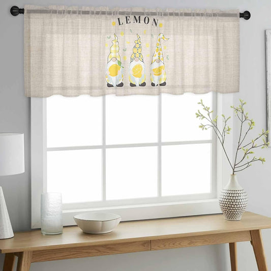 Sheer Window Valance Fruit Lemon Summer Gnome Semi Voile Short Curtain Rod Pocket Farmhouse Green Leaves Valances Window Treatment for Bedroom Living Room Kitchen 54x18in
