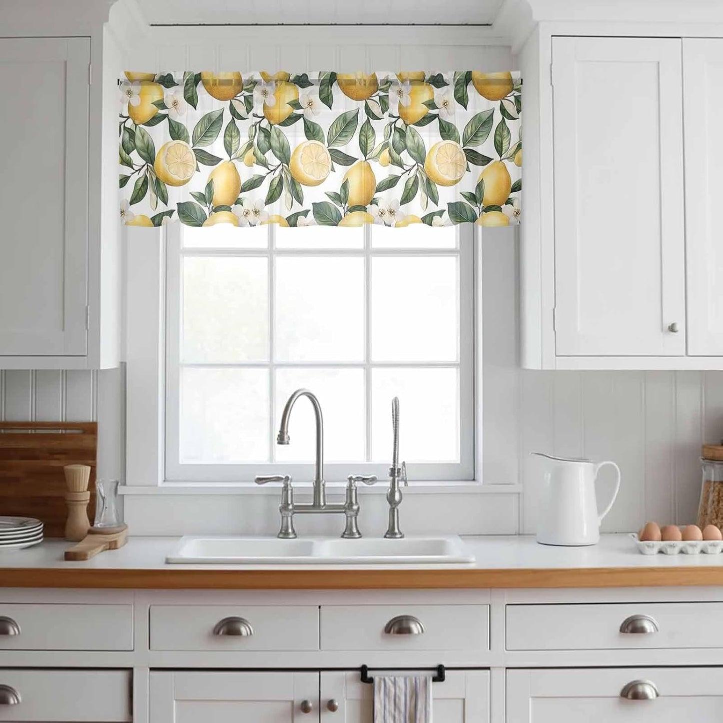 Summer Lemon Sheer Curtain 18 Inch Long Flower Leaves Light Filtering Rod Pocket Voile Curtain Valance for Bedroom Kitchen Cafe Window 54" W x 18" L