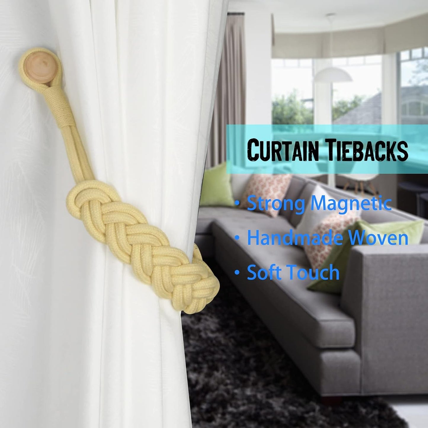 BEL AVENIR Curtain Tiebacks Magnetic Woven Curtain Holdback Drapery Tie-Back (Yellow -2Pack)