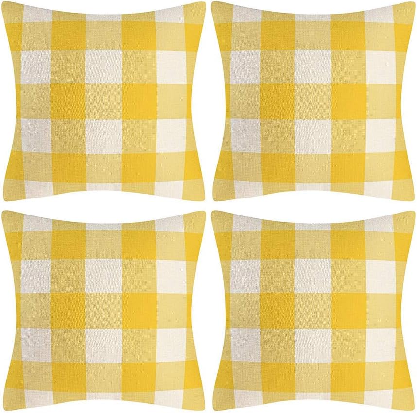 Yellow and White Buffalo Check Plaid Throw Pillow Covers Farmhouse Decorative Throw Pillow Case Indoor Outdoor Cushion Cover Pillowcase for Sofa 18X18 Inch Set of 4