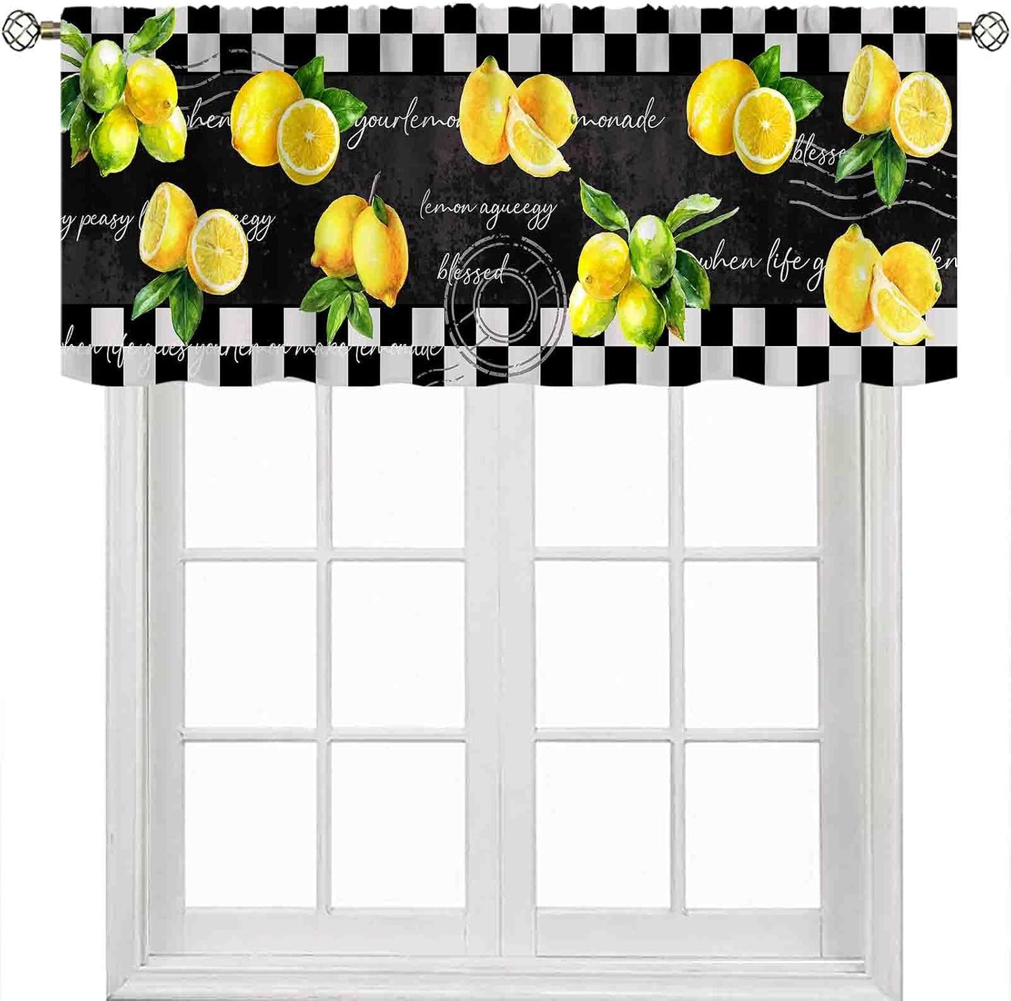 Farmhouse Lemon Valance Curtains, Summer Black Yellow Lemon Seasonal Spring Fruits Rustic Retro Rod Pocket Small Window Valance for Kitchen Cafe Living Room Bedroom Cabinet Bathroom, 54"x18" Inch