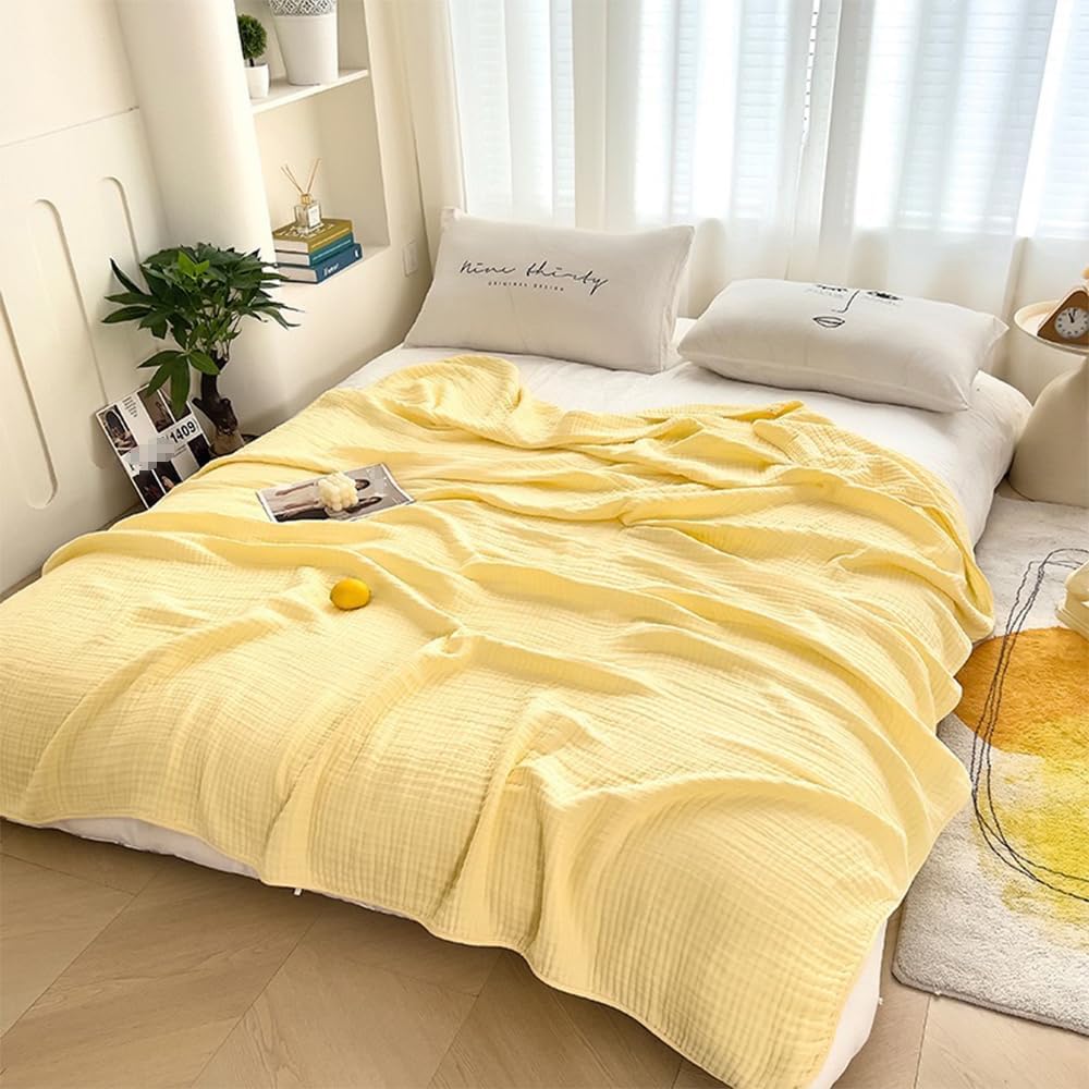 100% Cotton Muslin Throw Blanket,6-Layer Lightweight and Breathable Blanket, Luxuriously Soft Gauze Throws for Couch Bed Sofa, Ideal Gift Choice,Yellow,80x90 inch