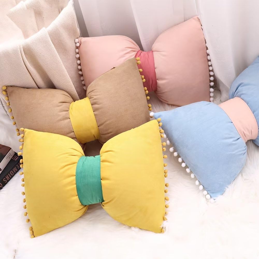 14x20 Decorative Throw Pillow Covers with Pom Poms Bow Velvet Pillow Cases for Room Bed Sofa Couch Yellow x2