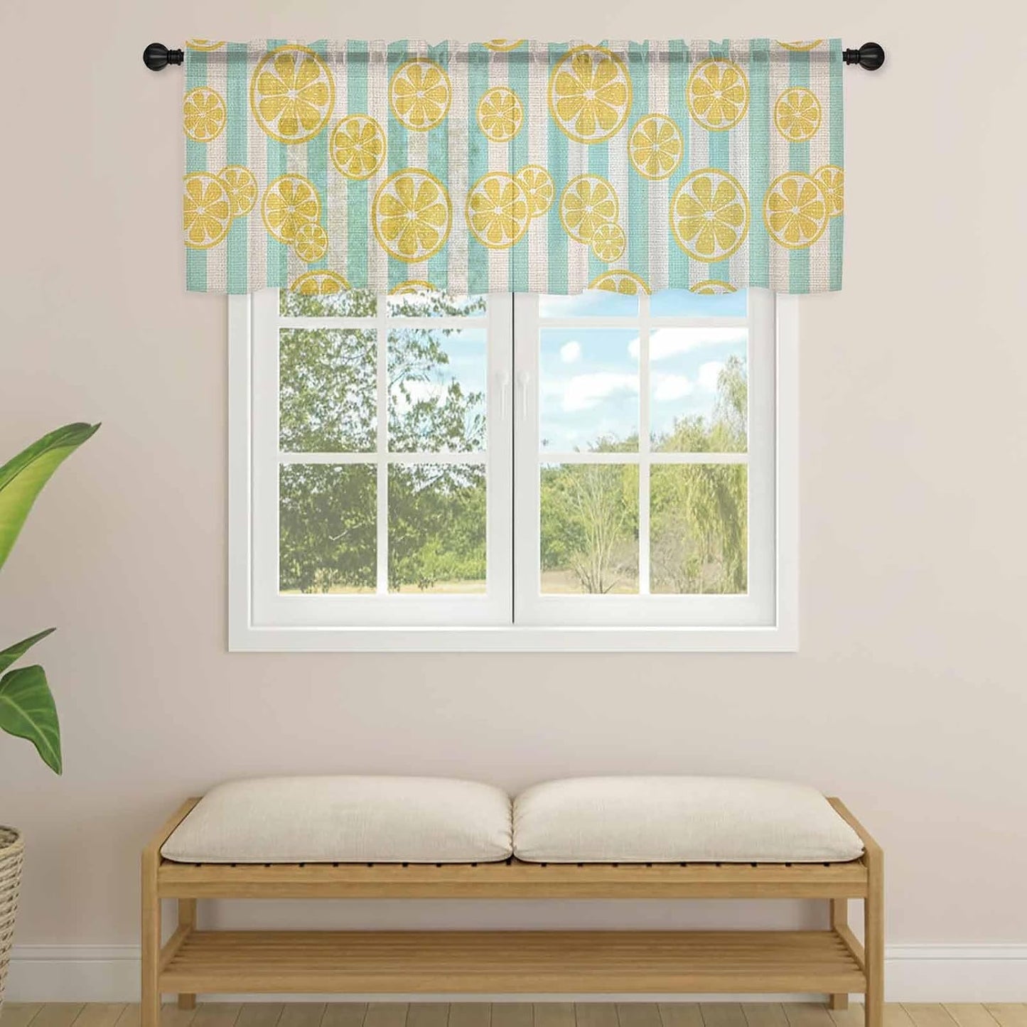 Yellow Lemon Sheer Curtain 18 Inch Long Teal Stripes Linen Background Light Filtering Rod Pocket Voile Curtain Valance for Bedroom Kitchen Cafe Window 54" W x 18" L