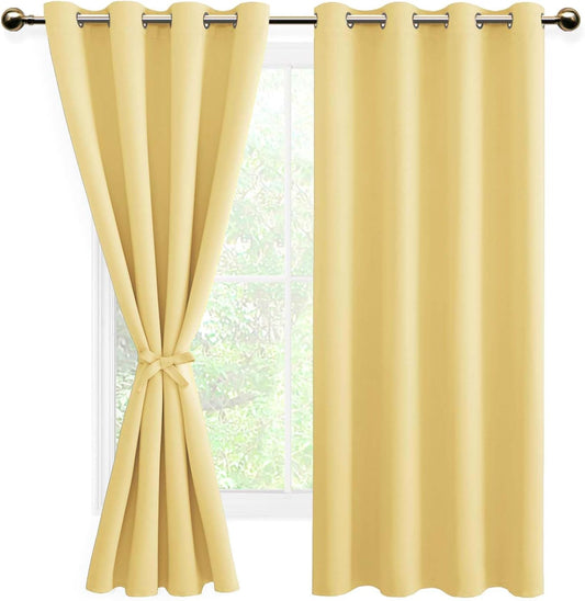 DWCN Blackout Curtains for Bedroom with Tiebacks - Room Darkening Privacy Grommet Top Window Curtains for Living Room, 52 x 63 inch Length,Yellow,Set of 2 Panels
