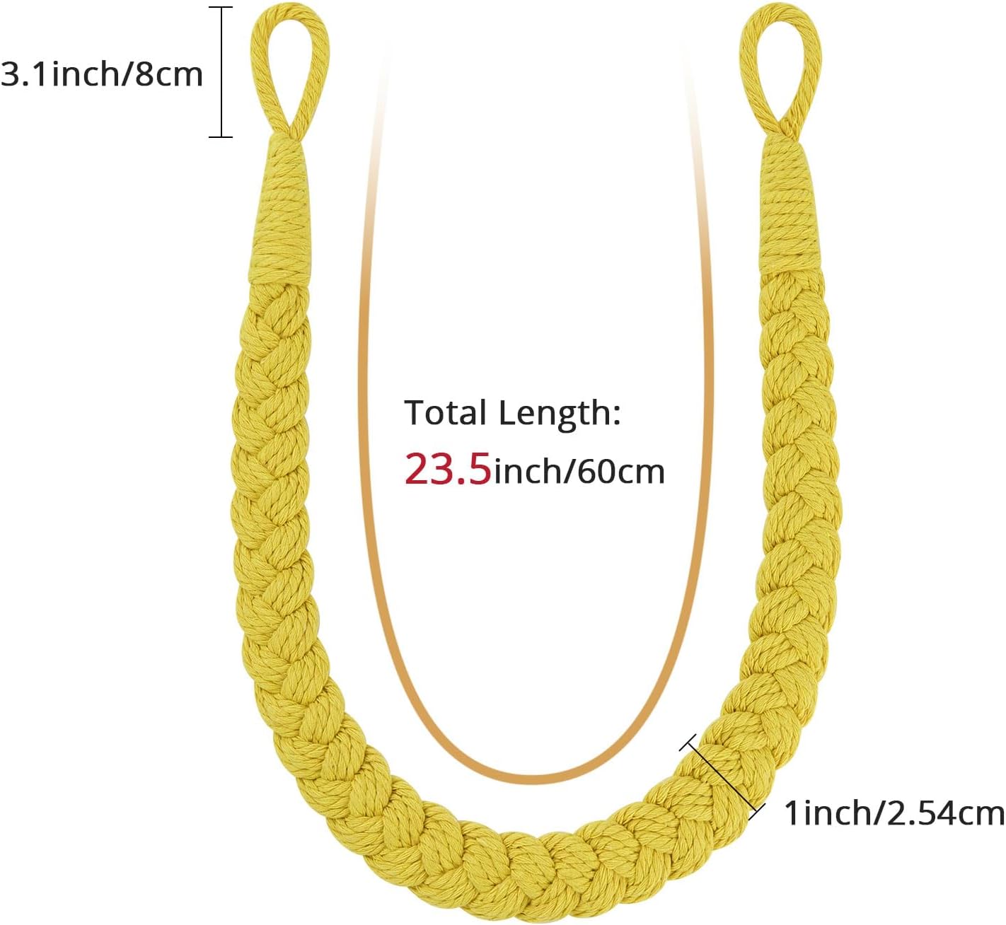 NICEEC 2 Pack Natural Cotton Rope Curtain Tiebacks Elegant Boho Style Decorative Drape Tie Backs Soft Hand-Woven Rope Curtain Holdbacks with Metal Hook for Home & Office Drapery (Yellow)