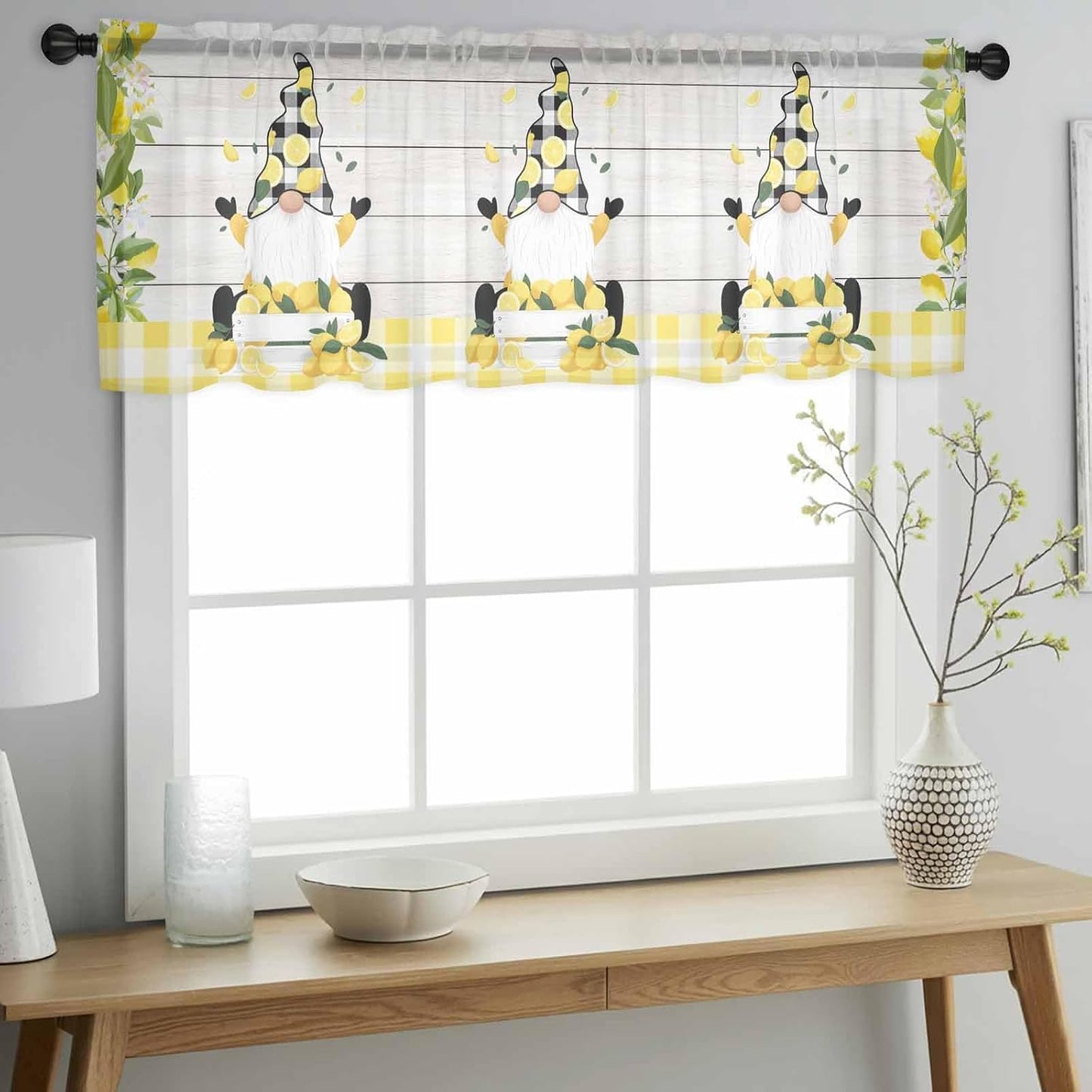 Lemon Dwarfs Sheer Valance Curtains, Gnome Green Leaf Wood Striped Black Plaid Light Filtering Kitchen Valances Rod Pocket Voile Curtain Window Treatment for Bedroom/Living Room/Basement 54Wx18L