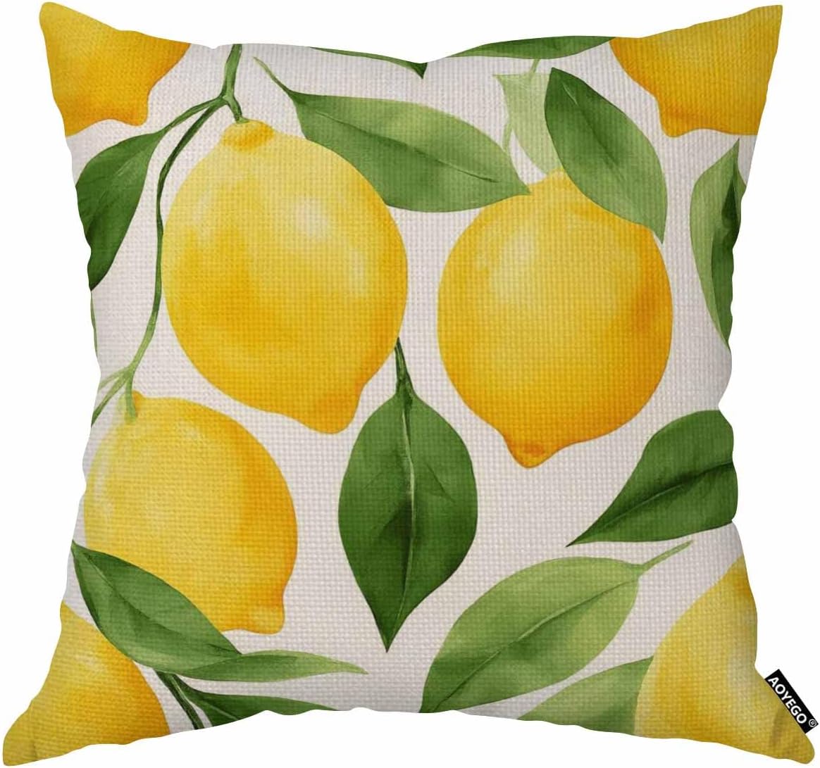 AOYEGO Lemon Throw Pillow Cover Tree Fruit Healthy Branch Fresh Cartoon Leaf Nature Ripe Vitamin Yellow Pillow Case 18x18 Inch Decorative Men Women Room Cushion Cover for Home Couch Bed
