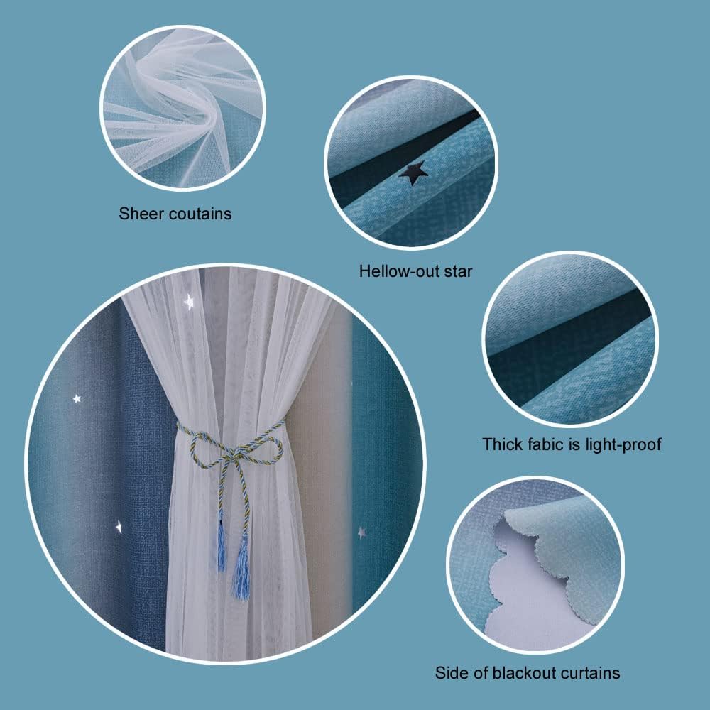 Ombre Rainbow Blackout Curtains for Kid Girls Bedroom Living Room Darking Stripe Double Layer Star Cut Out Wall Home Decor Gradient Grommet Window Curtains （Yellow Blue 52W x 84L