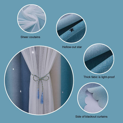 Ombre Rainbow Blackout Curtains for Kid Girls Bedroom Living Room Darking Stripe Double Layer Star Cut Out Wall Home Decor Gradient Grommet Window Curtains （Yellow Blue 52W x 84L