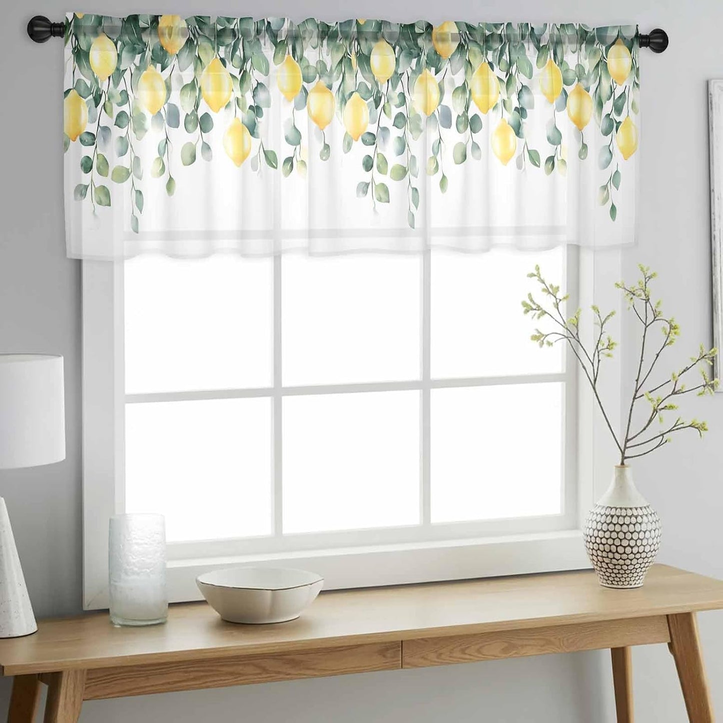 Country Sheer Curtain 18 Inch Long Yellow Lemon Fruit Farm Light Filtering Rod Pocket Voile Curtain Valance for Bedroom Kitchen Cafe Window 54" W x 18" L
