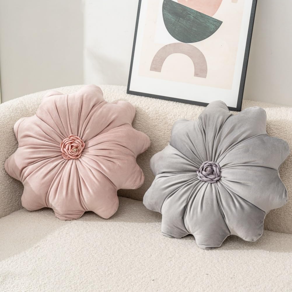 Flower Pillow Cushion Round Decorative Throw Pillow 15.7 Velvet Flower Shaped Pillow for Sofa Couch Vanity Chair Bed (Yellow)