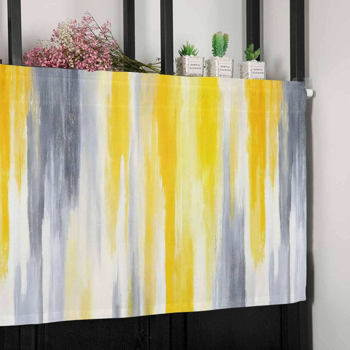 Abstract Valances for Windows/Bedroom/Living Room/Kitchen/Cafe, Retro Country Gray Yellow Semi Small Curtain Drapes Rod Pocket Light Filtering Window Treatment, 54" x 18"