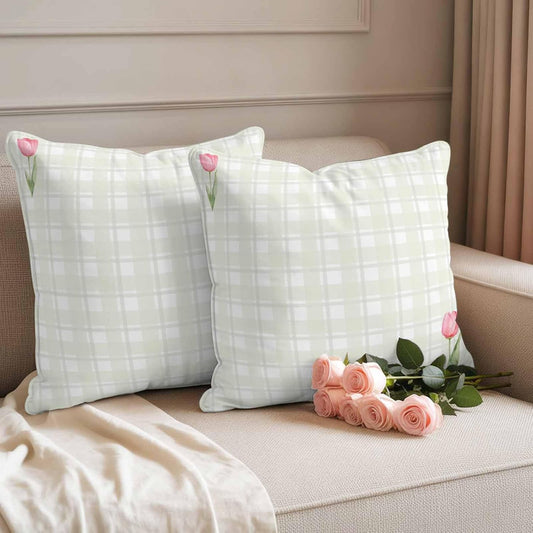 Waterproof Throw Pillow Covers 18x18 Set of 2, Light Yellow Lattice Spring Tulip Flower Outdoor Pillowcases Invisible Zipper, Minimalist Check Decorative Cushion Covers for Patio Garden Sofa Couch