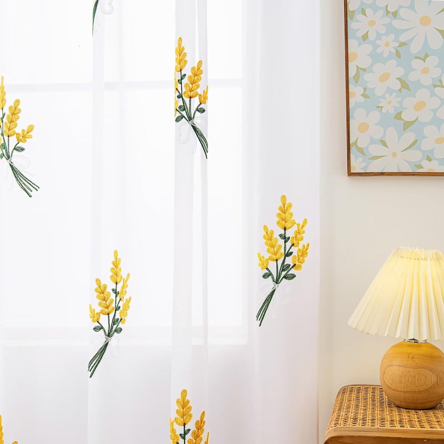 Floral Sheer Curtains Embroidered Lavender Patterned Semi-Sheer Curtain 84 Inches Long 2 Panels Rod Pocket Spring Voile Drapes for Living Room, Bedroom(W52 x L84 Inch, White&Yellow)