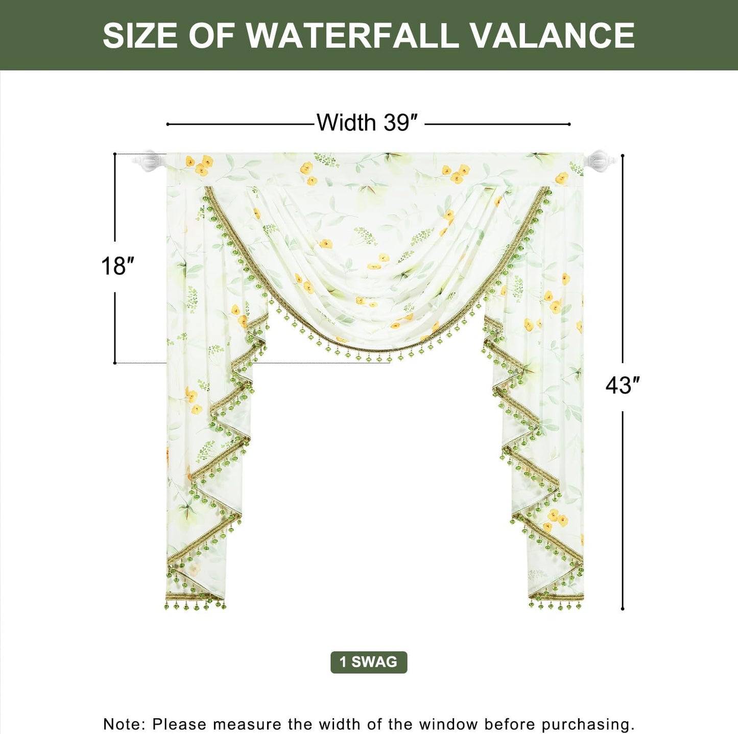 Leeva Waterfall Valance Sheers for Windows - Elegant Yellow Flower & Green Plant Print Valances, Soft Touch Swag Design, 39 Inches Wide, Perfect for Living Room & Bedroom