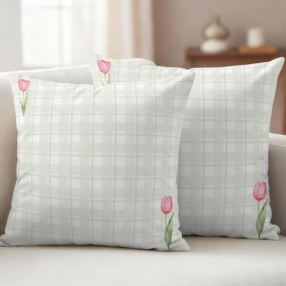 Waterproof Throw Pillow Covers 18x18 Set of 2, Light Yellow Lattice Spring Tulip Flower Outdoor Pillowcases Invisible Zipper, Minimalist Check Decorative Cushion Covers for Patio Garden Sofa Couch