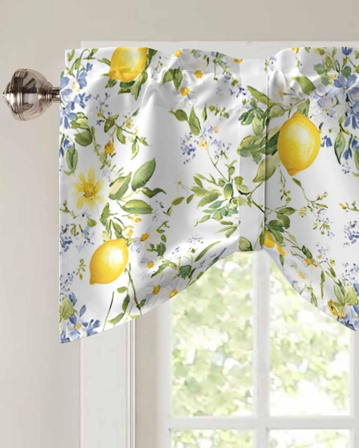 Summer Lemon Tie Up Valance for Window, Watercolor Yellow Spring Floral Botanical Adjustable Balloon Window Shade Valance Curtain for Kitchen Cafe Bathroom Window Treatment Panel 54''x18''