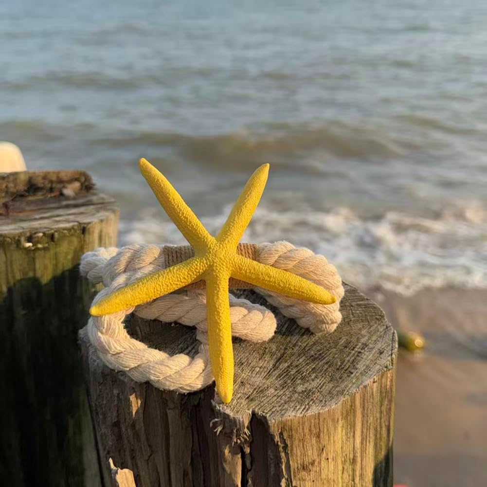 4PCS Starfish Curtain Tiebacks - Hand-Woven Rope Tiebacks for Indoor & Outdoor Decor, Perfect for Coastal Bedroom Curtains & Living Room Window Decor (Yellow)