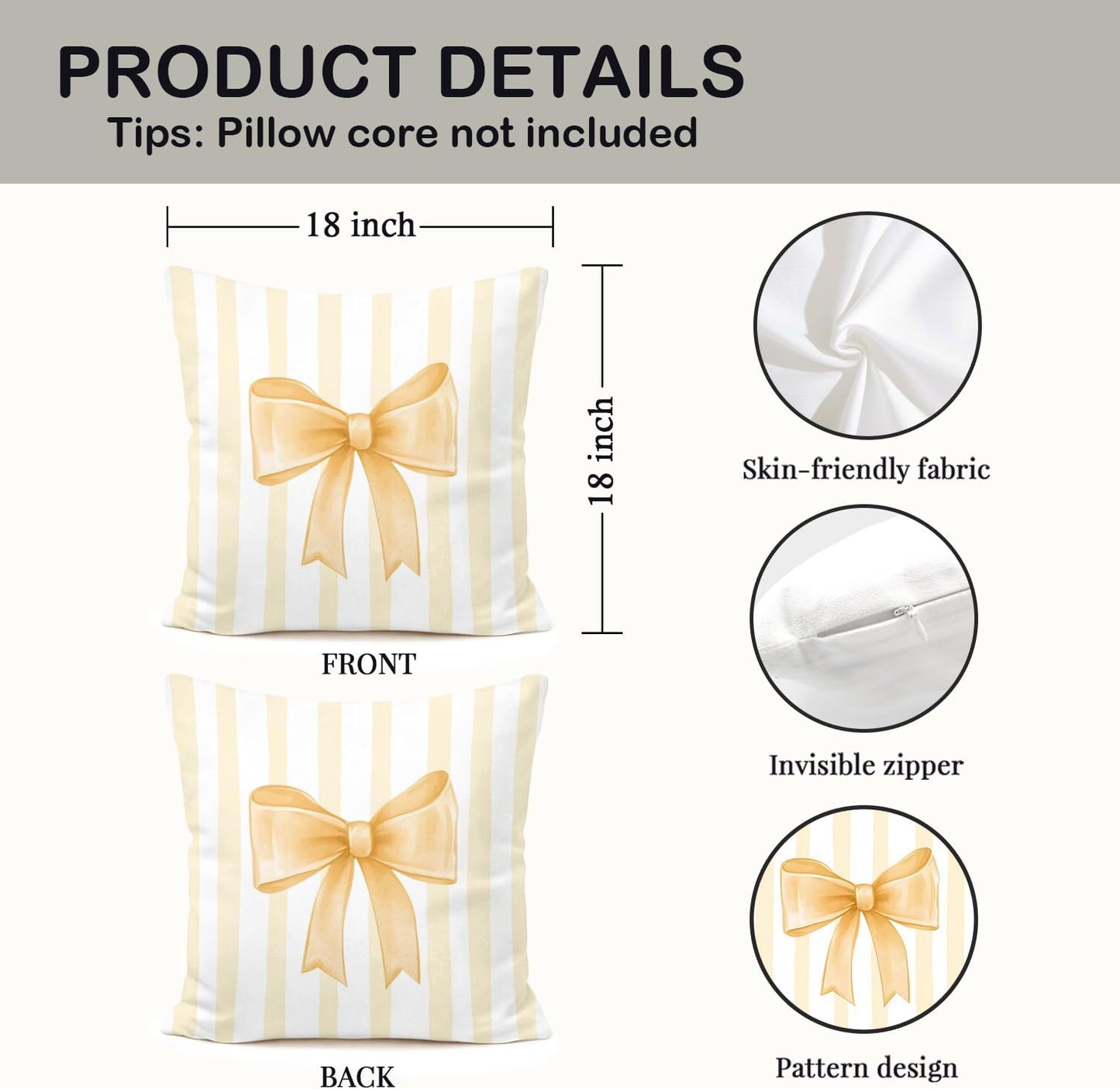 Yellow Bow Decorative Throw Pillow 18x18 Inch – Cute Blush Pink Striped Pillow Cover for Girls Room, Baby Nursery, Sofa or Bedroom Decor