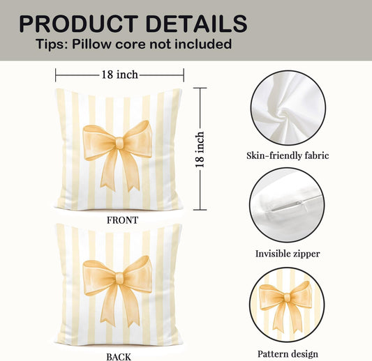 Yellow Bow Decorative Throw Pillow 18x18 Inch – Cute Blush Pink Striped Pillow Cover for Girls Room, Baby Nursery, Sofa or Bedroom Decor