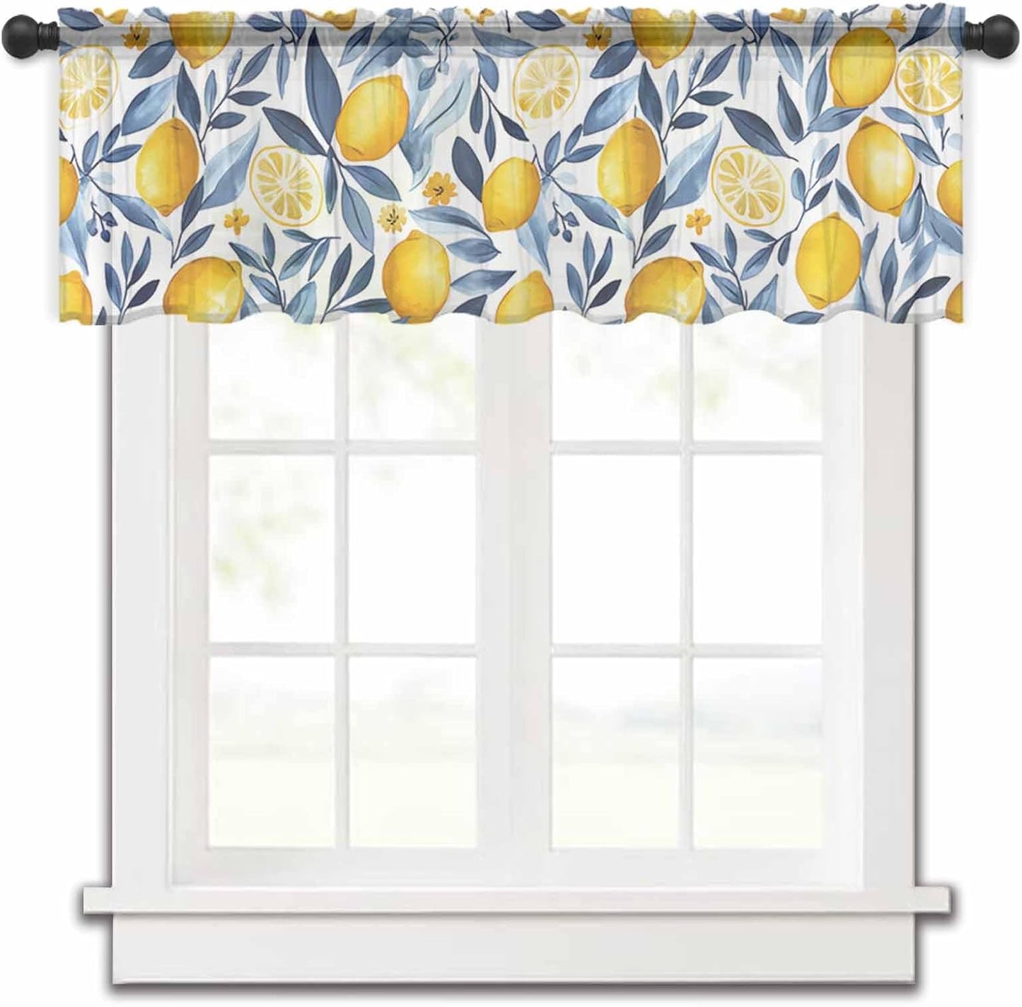 Yellow Lemon Valance Curtains for Kitchen/Living Room/Bathroom/Bedroom Window, Blue Flower Leaves Spring Summer Plant Rod Pocket Small Topper Half Short Window Curtains Voile Sheer Scarf, 54"x18"